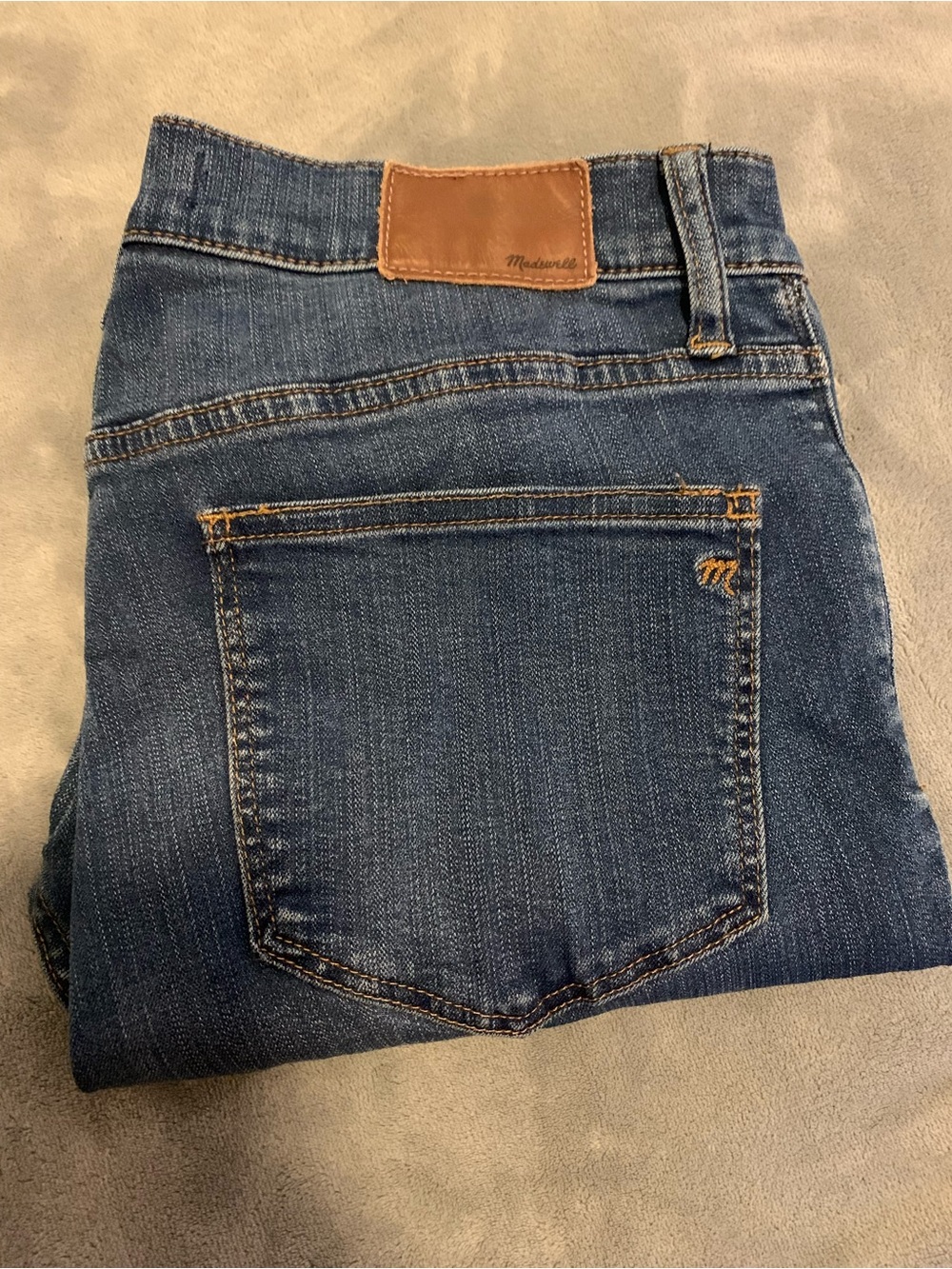 Madewell Men's Slim Straight Jeans in Blue with Tan Patch